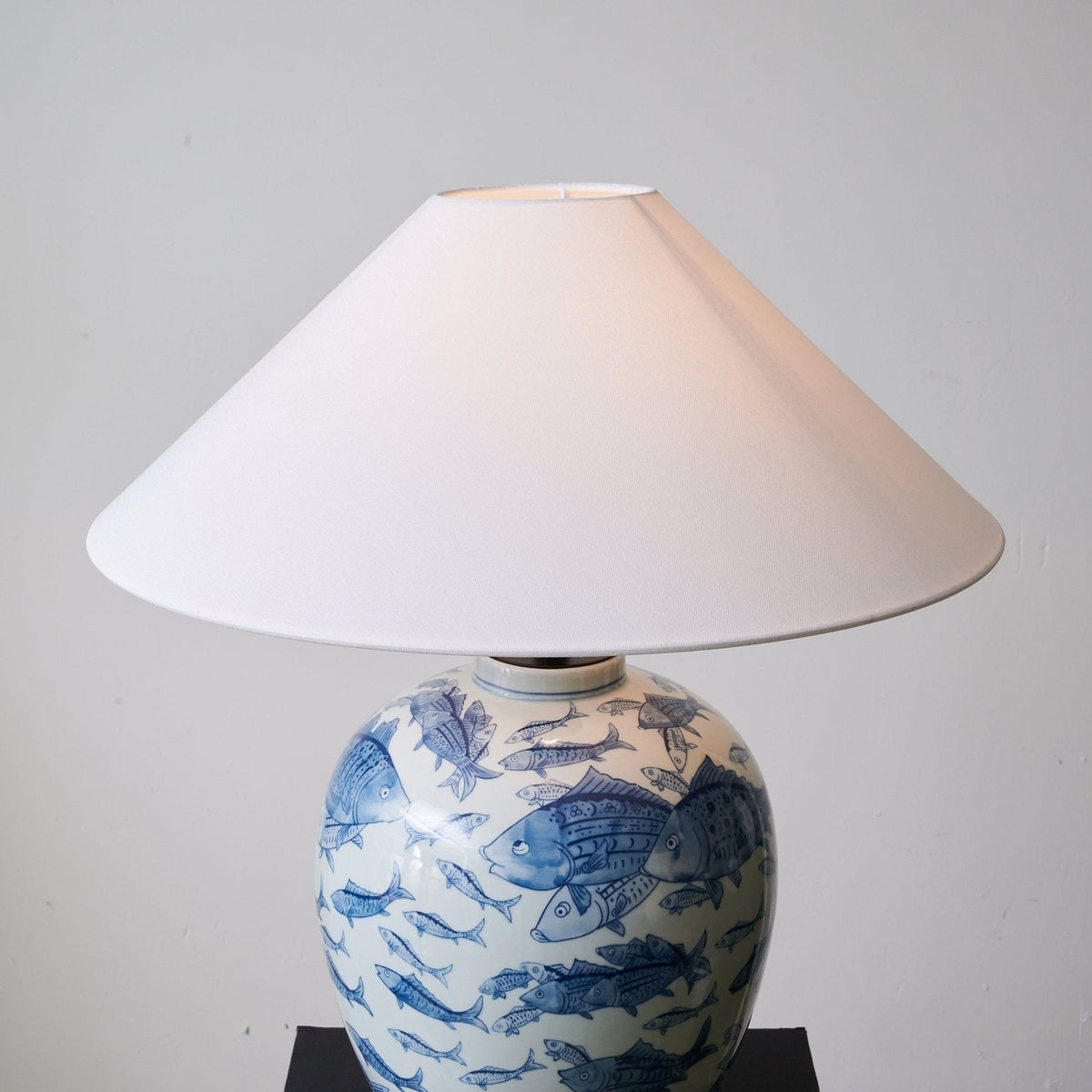 Blue Fish Porcelain Table Lamp White Linen Shade 19.7 in Set of 2