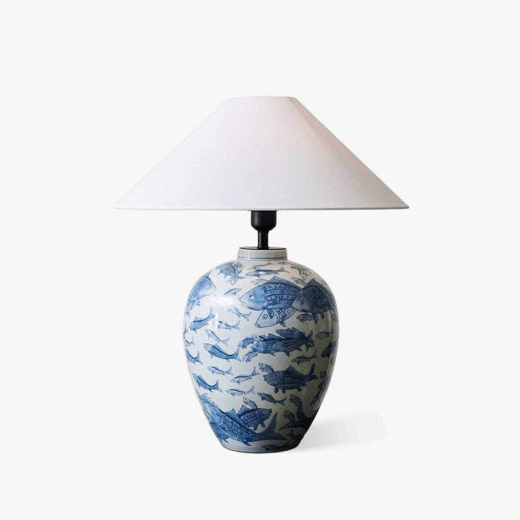 Blue Fish Porcelain Table Lamp White Linen Shade 19.7 in Set of 2