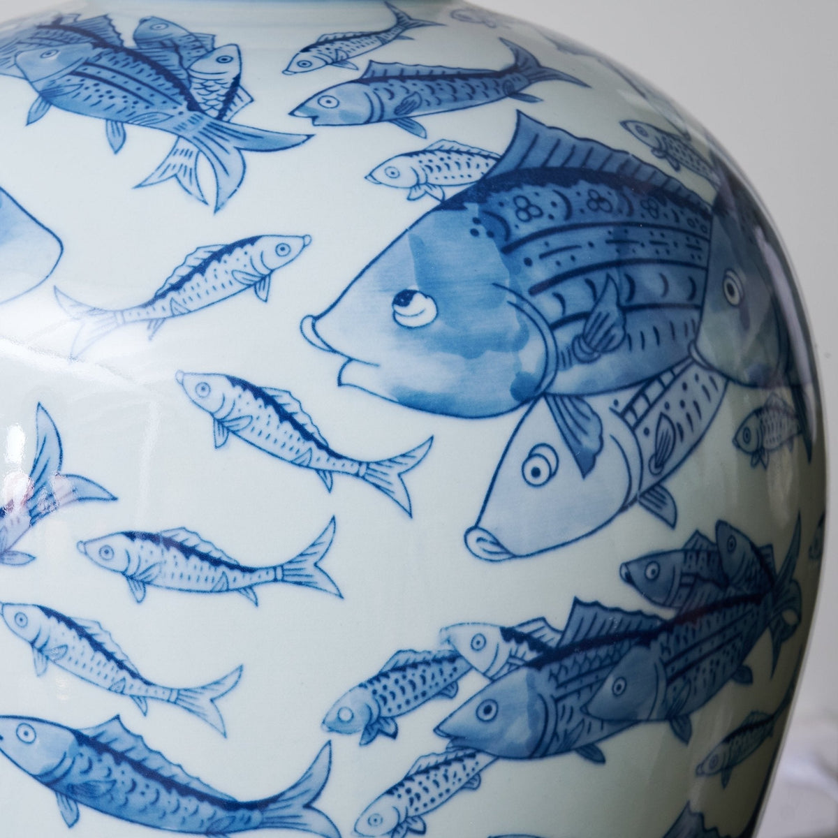 Blue Fish Porcelain Table Lamp White Linen Shade 19.7 in Set of 2