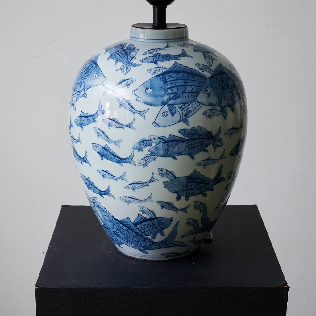 Blue Fish Porcelain Table Lamp White Linen Shade 19.7 in Set of 2