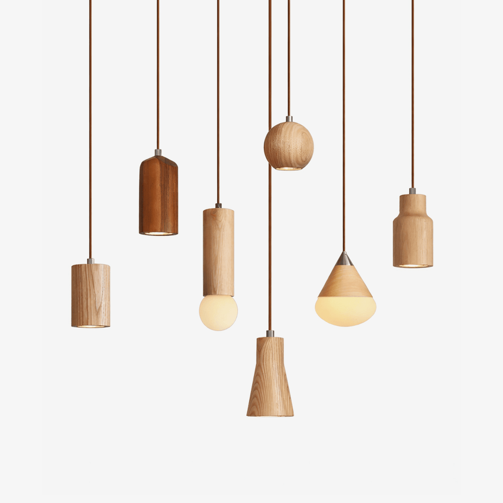 Wood Pendant Light 7 Models Single or Cluster Sets
