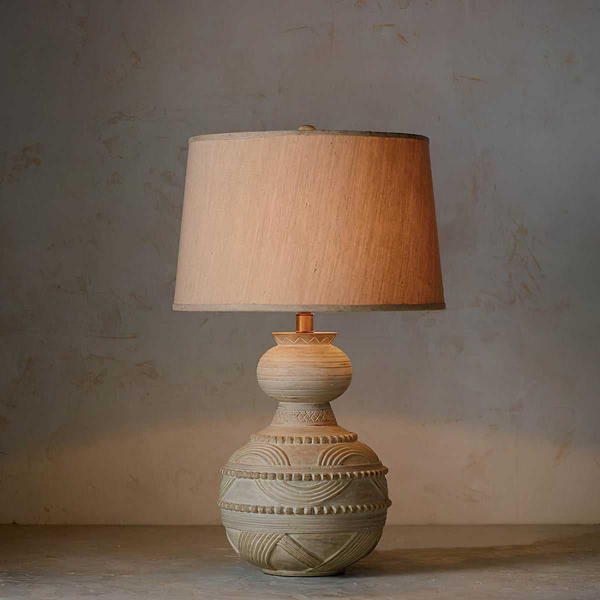 Carved Wood Table Lamp Patina Finish Fabric Shade 26 in