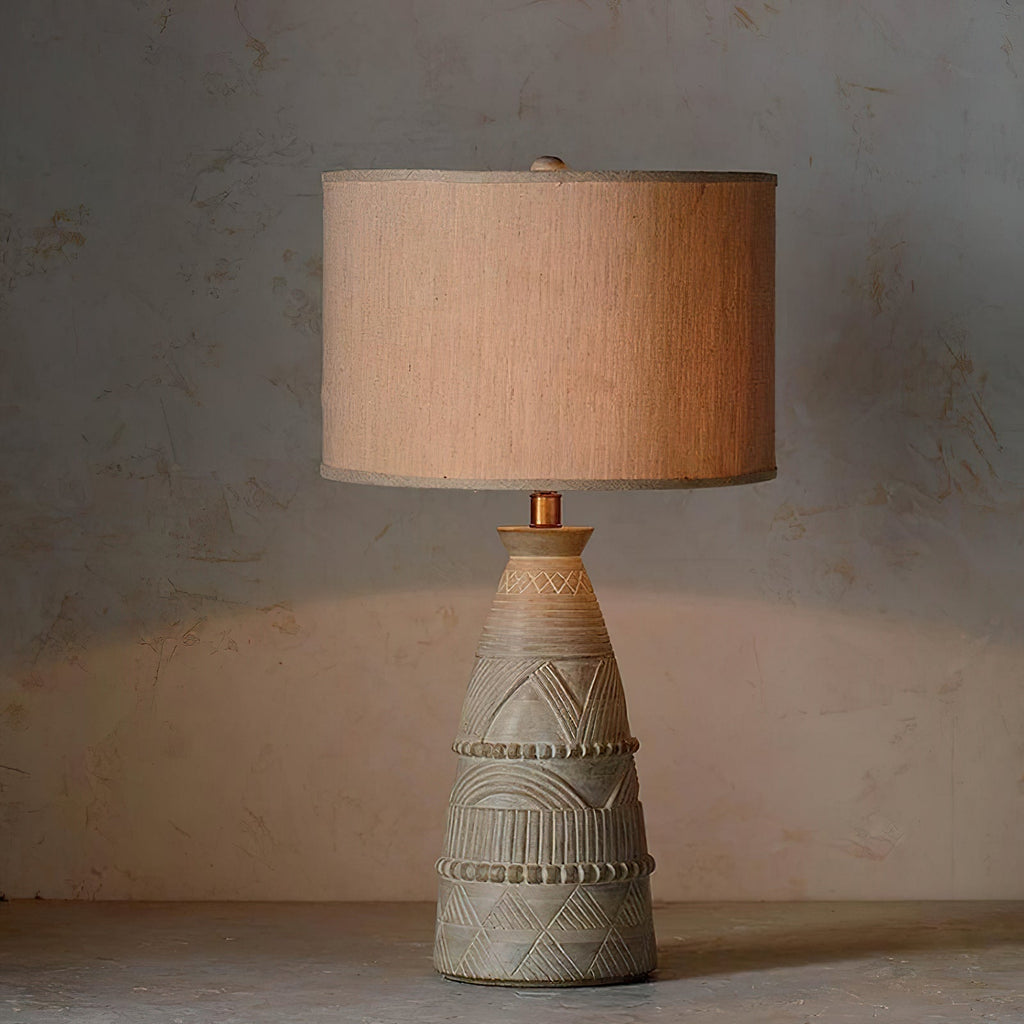 Carved Wood Table Lamp Patina Finish Fabric Shade 26 in