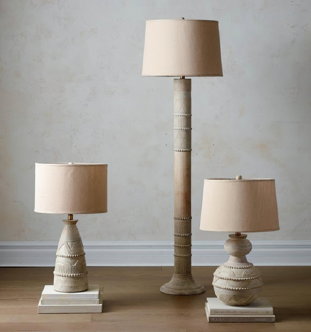 Carved Wood Table Lamp Patina Finish Fabric Shade 26 in