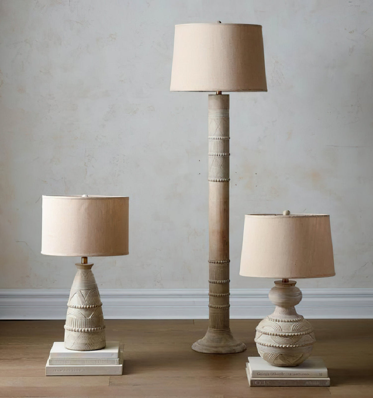 Carved Wood Table Lamp Patina Finish Fabric Shade 26 in