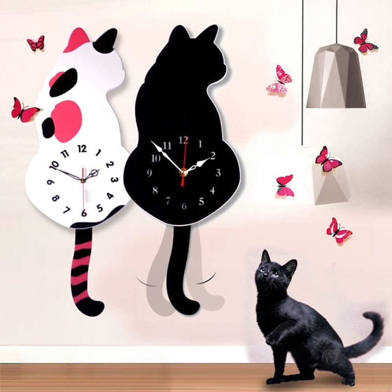 Cat Wall Clock Wagging Tail Acrylic 16.5 x 7 Inch Set of 3