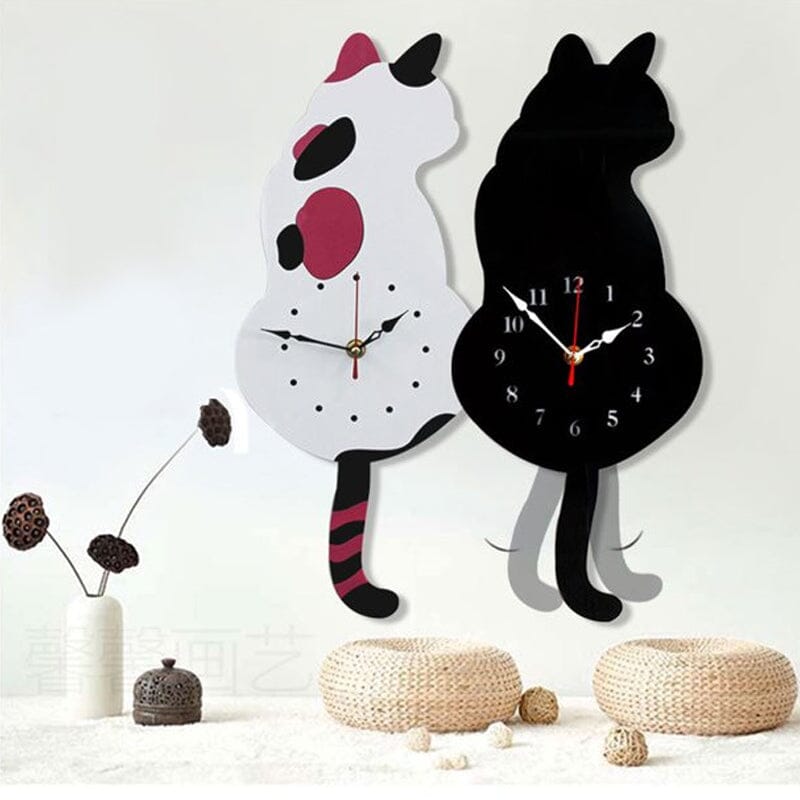 Cat Wall Clock Wagging Tail Acrylic 16.5 x 7 Inch Set of 3