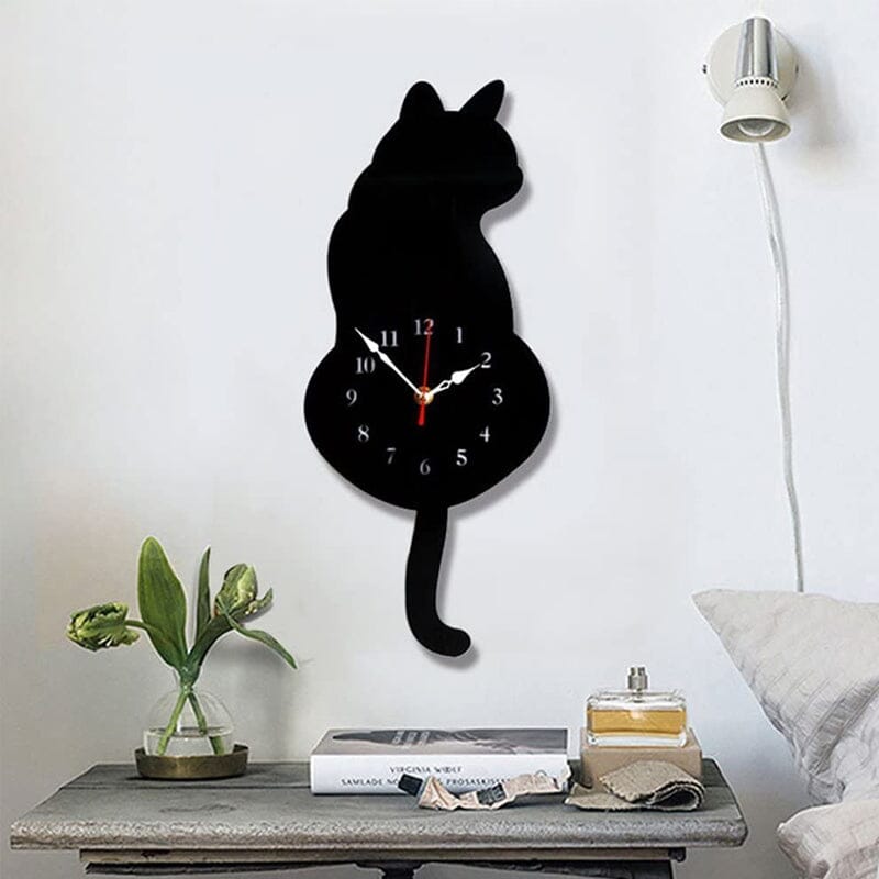 Cat Wall Clock Wagging Tail Acrylic 16.5 x 7 Inch Set of 3
