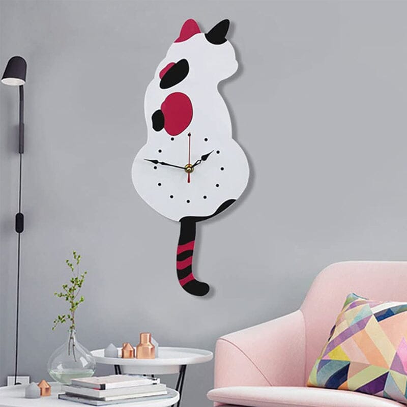 Cat Wall Clock Wagging Tail Acrylic 16.5 x 7 Inch Set of 3