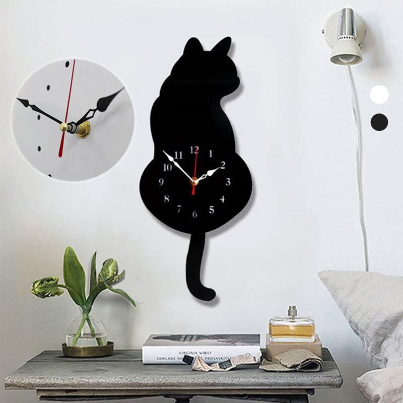 Cat Wall Clock Wagging Tail Acrylic 16.5 x 7 Inch Set of 3