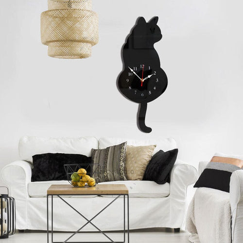 Cat Wall Clock Wagging Tail Acrylic 16.5 x 7 Inch Set of 3
