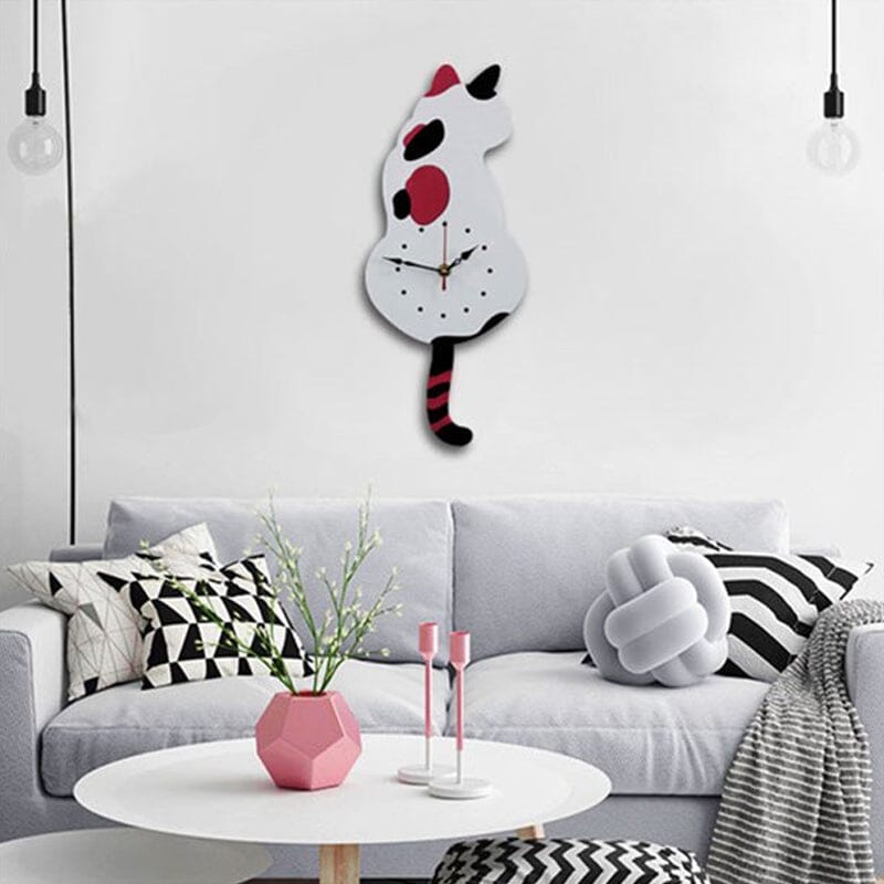 Cat Wall Clock Wagging Tail Acrylic 16.5 x 7 Inch Set of 3