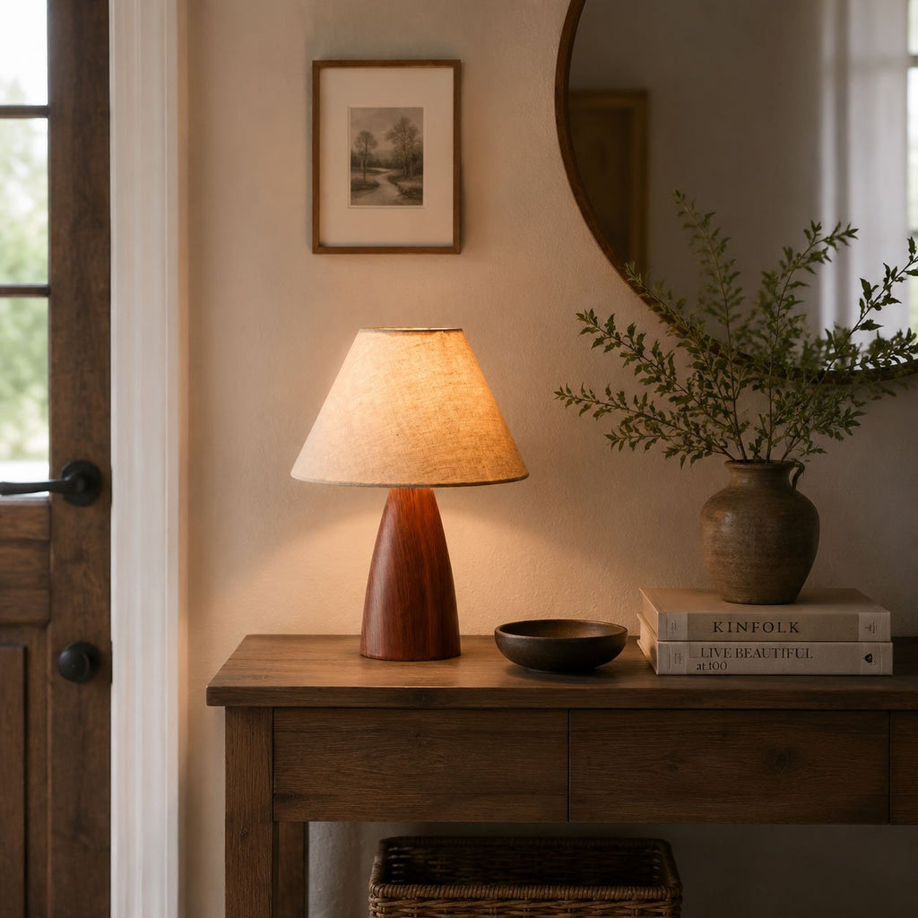 Ceramic Table Lamp Linen Shade Wood Grain Base 11.8 in