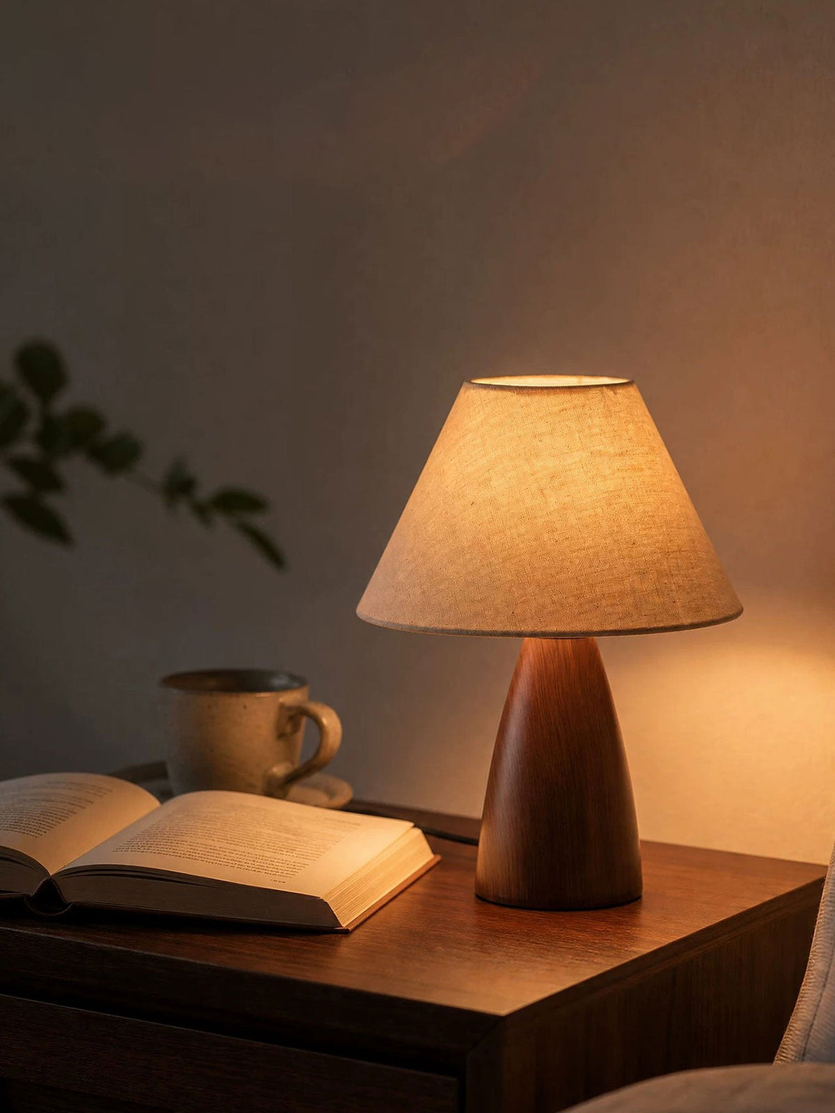 Ceramic Table Lamp Linen Shade Wood Grain Base 11.8 in