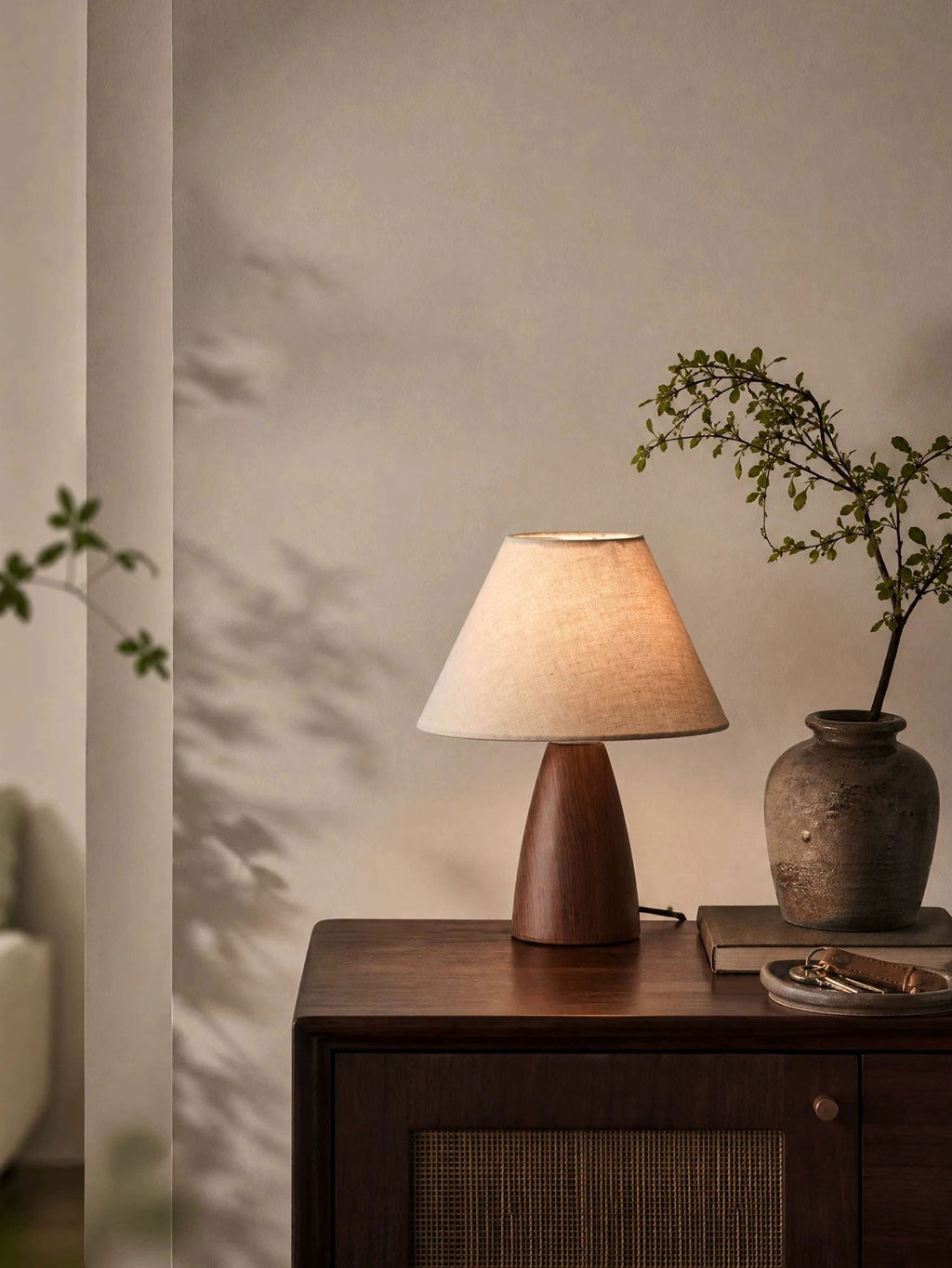 Ceramic Table Lamp Linen Shade Wood Grain Base 11.8 in