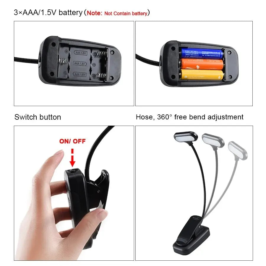 Clip On LED Book Light Flexible Neck AAA Battery Set of 3