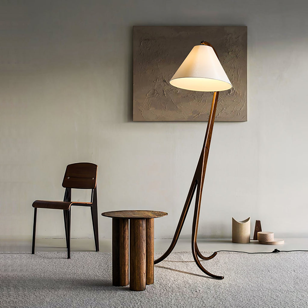Curved Wood Floor Lamp Cone Fabric Shade 70.9 in