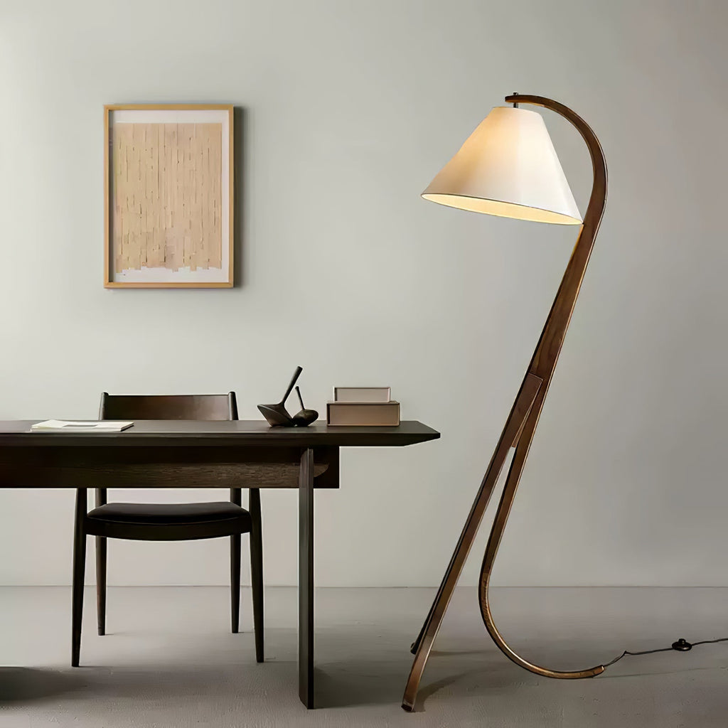Curved Wood Floor Lamp Cone Fabric Shade 70.9 in