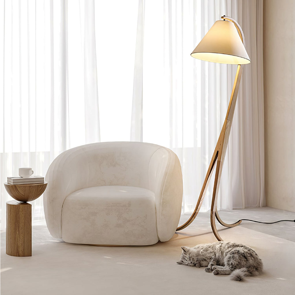 Curved Wood Floor Lamp Cone Fabric Shade 70.9 in