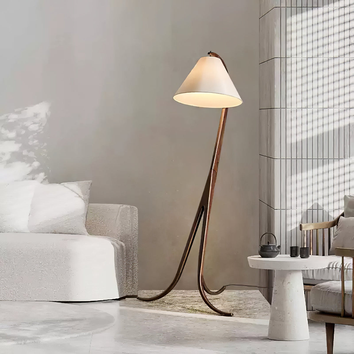Curved Wood Floor Lamp Cone Fabric Shade 70.9 in