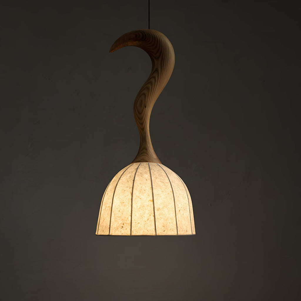Curved Wood Stem Pendant Light Ribbed Fabric Shade 9.1 in Set of 2