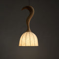 Curved Wood Stem Pendant Light Ribbed Fabric Shade 9.1 in Set of 2