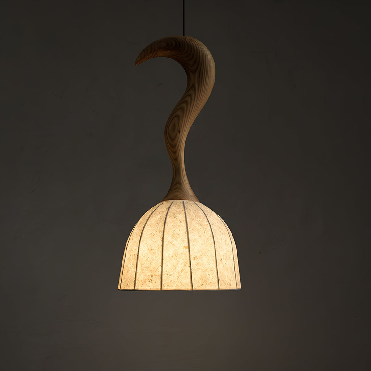 Curved Wood Stem Pendant Light Ribbed Fabric Shade 9.1 in Set of 2