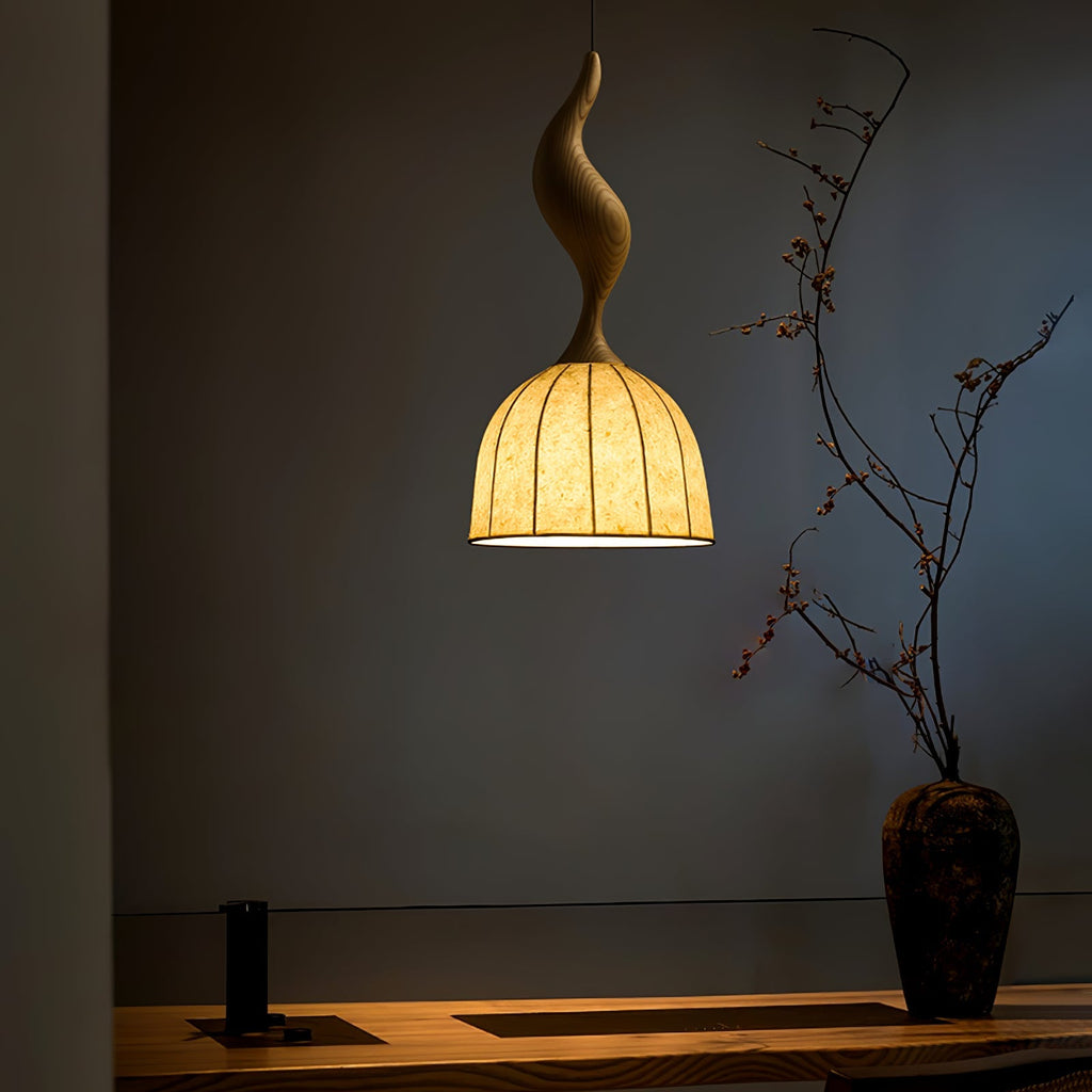 Curved Wood Stem Pendant Light Ribbed Fabric Shade 9.1 in Set of 2