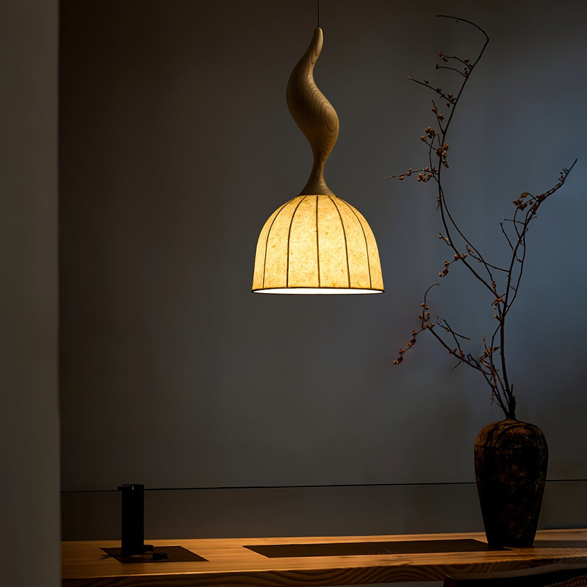 Curved Wood Stem Pendant Light Ribbed Fabric Shade 9.1 in Set of 2