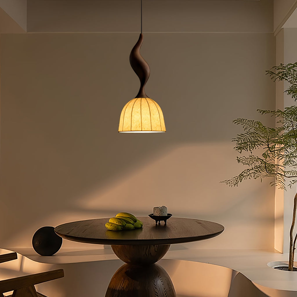 Curved Wood Stem Pendant Light Ribbed Fabric Shade 9.1 in Set of 2
