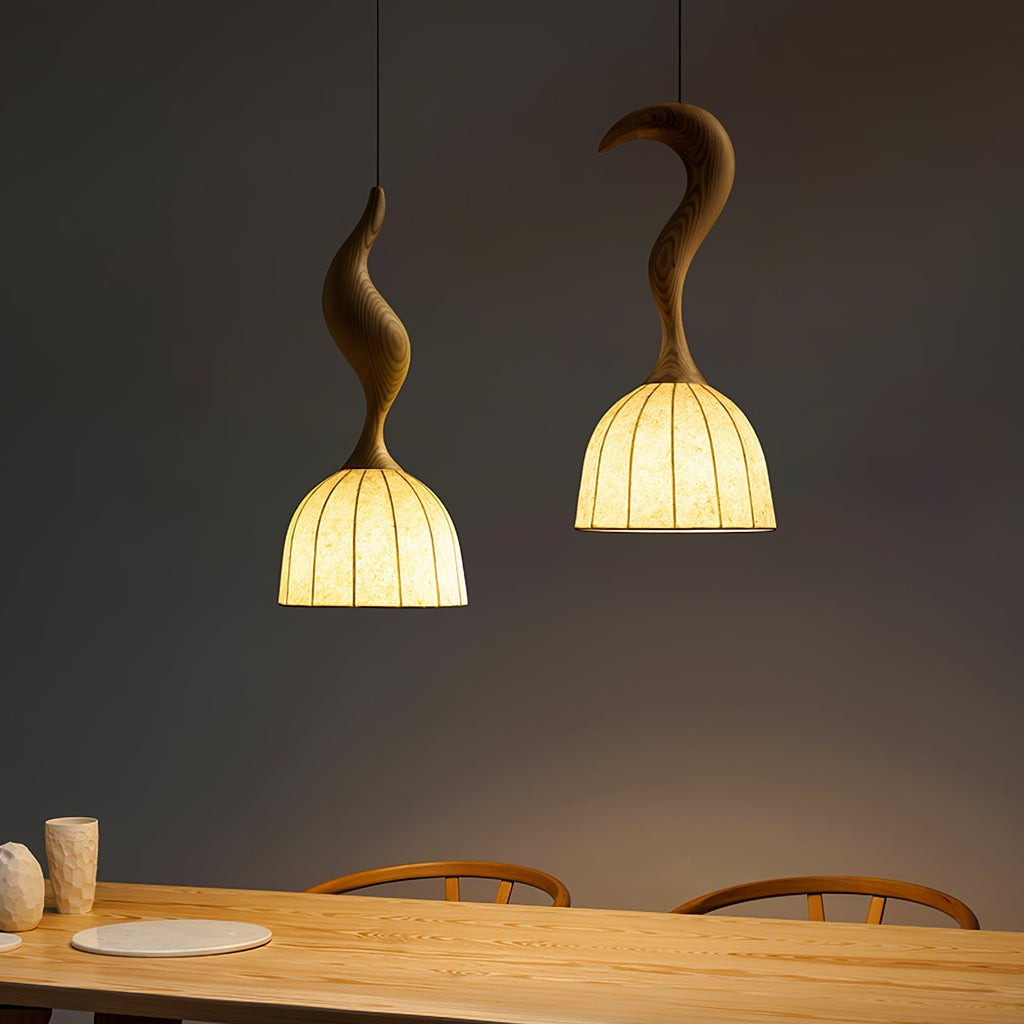 Curved Wood Stem Pendant Light Ribbed Fabric Shade 9.1 in Set of 2