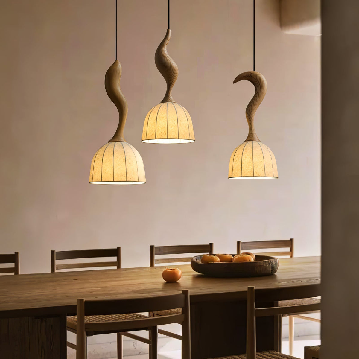 Curved Wood Stem Pendant Light Ribbed Fabric Shade 9.1 in Set of 2