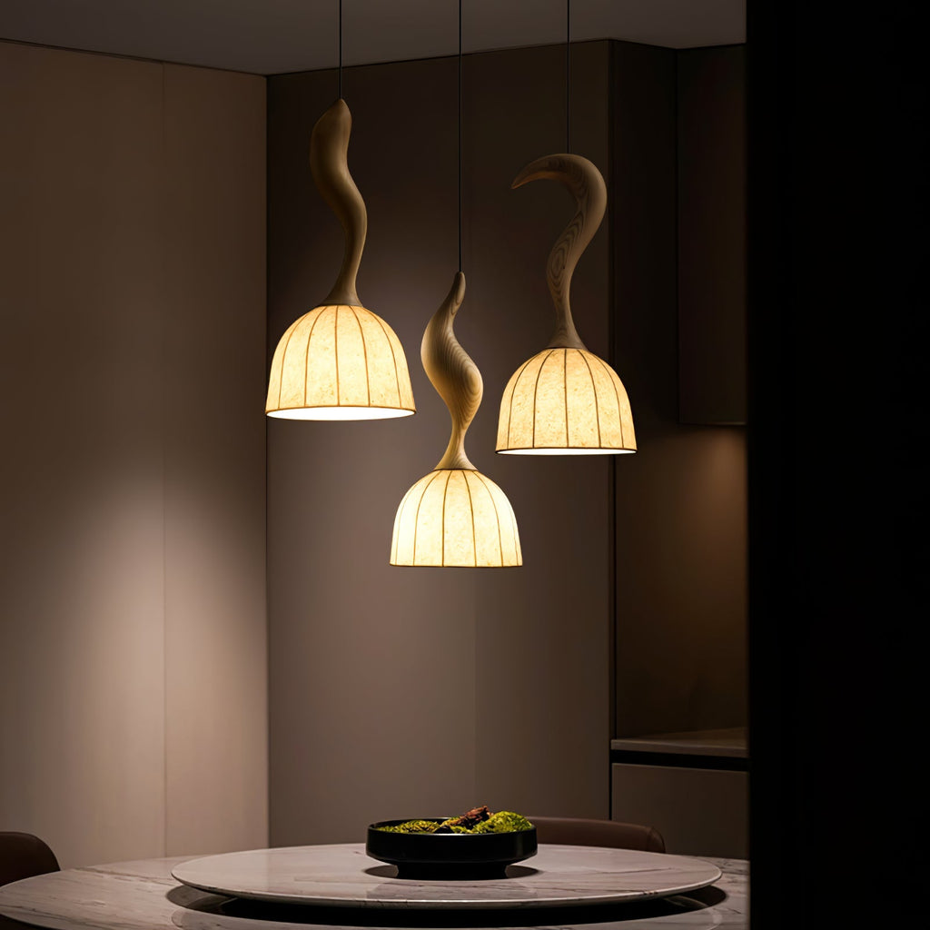 Curved Wood Stem Pendant Light Ribbed Fabric Shade 9.1 in Set of 2
