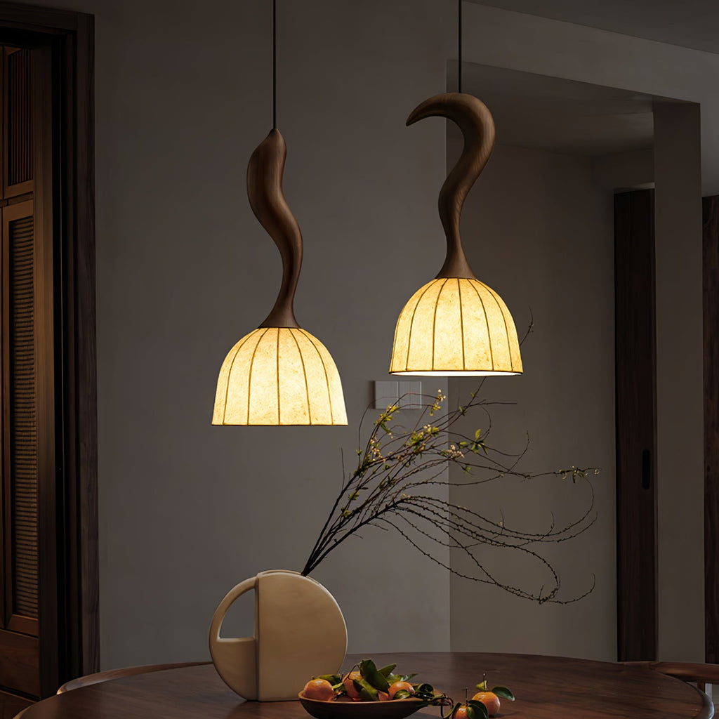 Curved Wood Stem Pendant Light Ribbed Fabric Shade 9.1 in Set of 2
