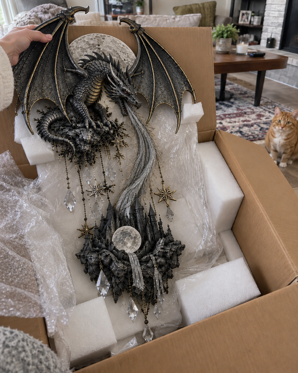 Dragon and Moon Wall Lamp Fantasy Castle Sculpture Set of 2