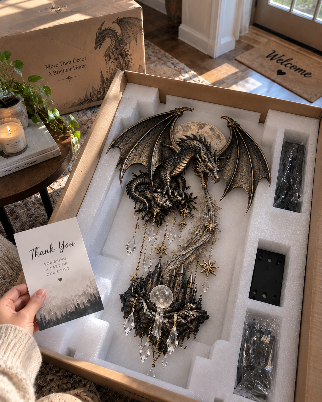 Dragon and Moon Wall Lamp Fantasy Castle Sculpture Set of 2