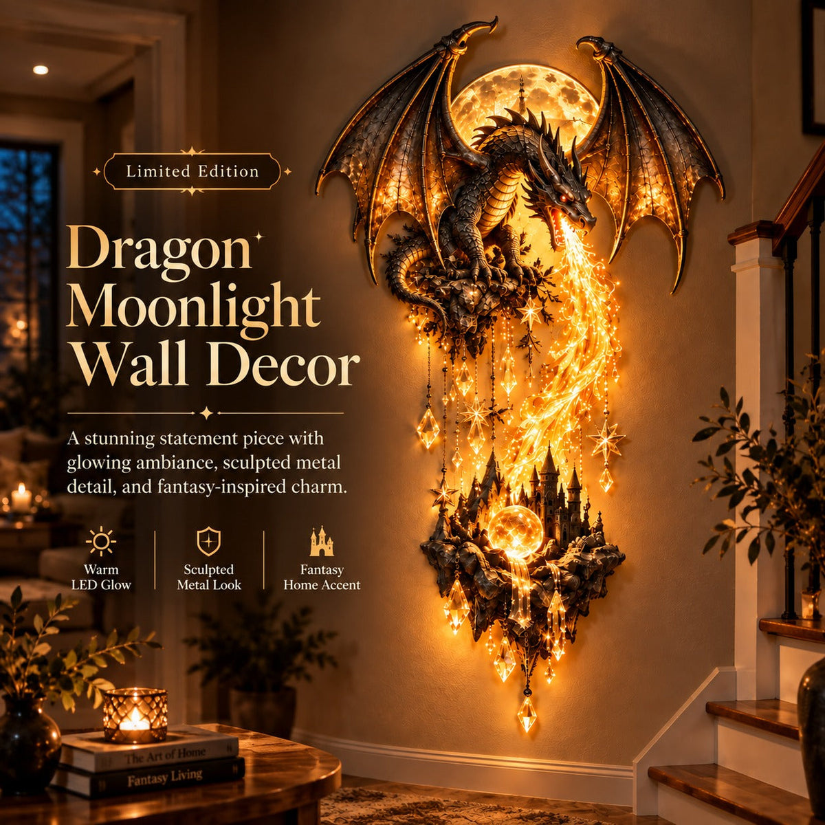 Dragon and Moon Wall Lamp Fantasy Castle Sculpture Set of 2