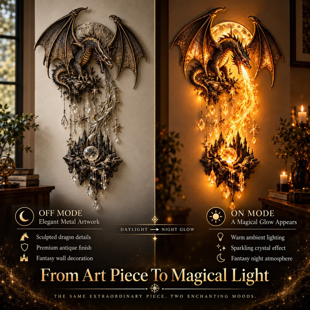 Dragon and Moon Wall Lamp Fantasy Castle Sculpture Set of 2