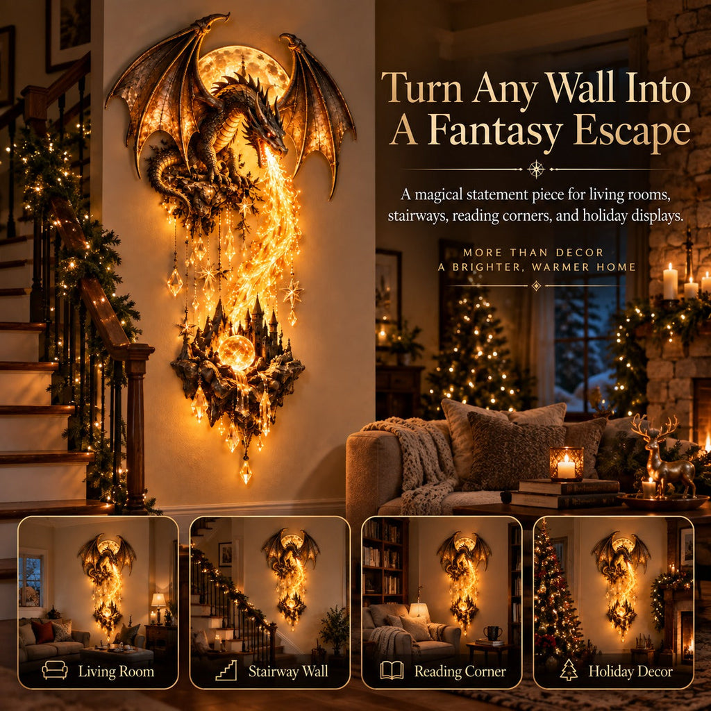 Dragon and Moon Wall Lamp Fantasy Castle Sculpture Set of 2