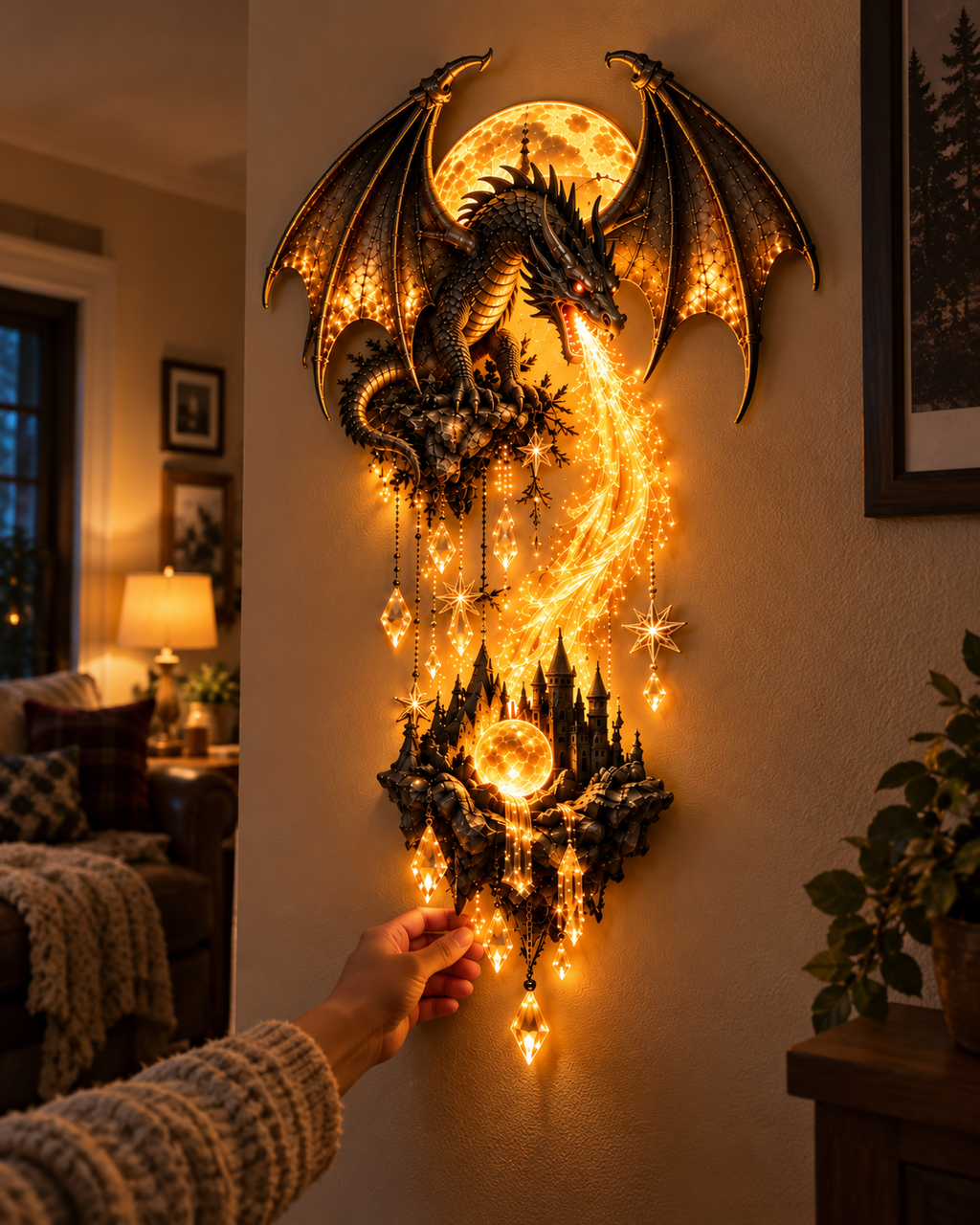 Dragon and Moon Wall Lamp Fantasy Castle Sculpture Set of 2