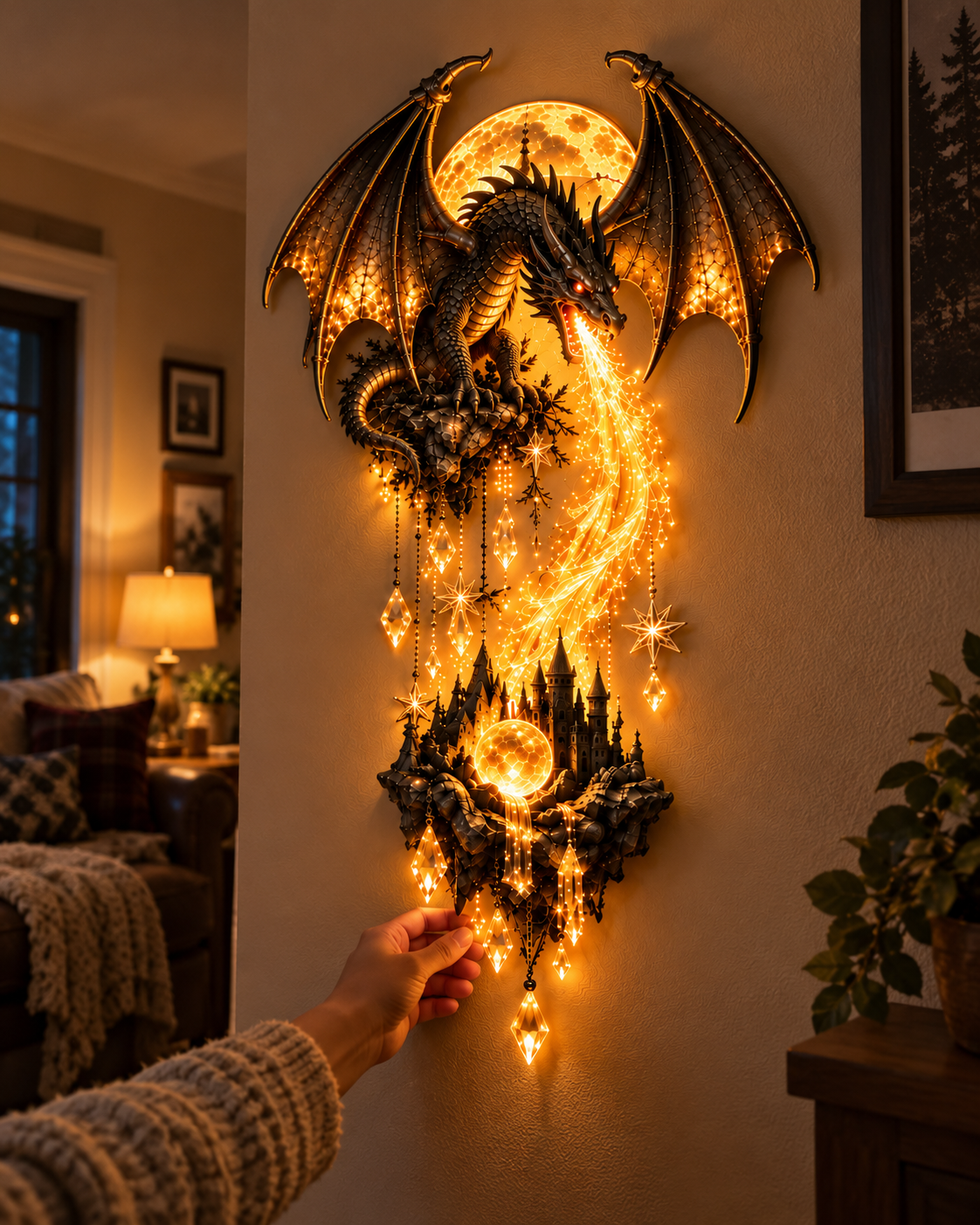 Dragon and Moon Wall Lamp Fantasy Castle Sculpture Set of 2