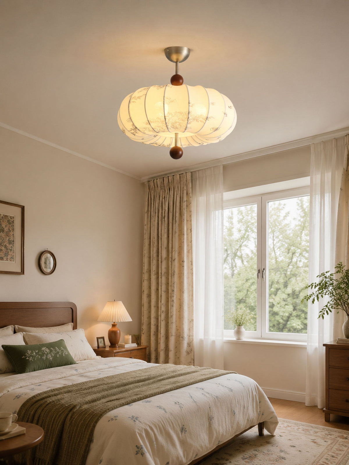 Fabric Lantern Pendant Light Wood Ball Accents 17.7 in Set of 2