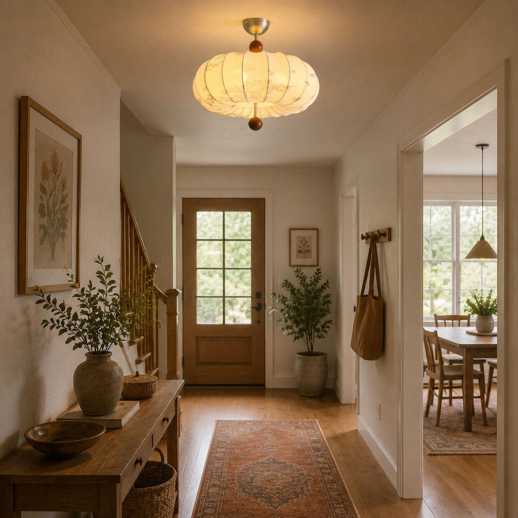Fabric Lantern Pendant Light Wood Ball Accents 17.7 in Set of 2