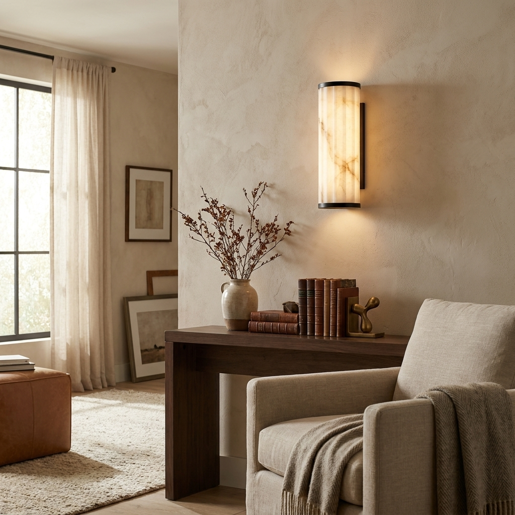 Fluted Alabaster Wall Sconce Half Cylinder LED 14.2 in Set of 2