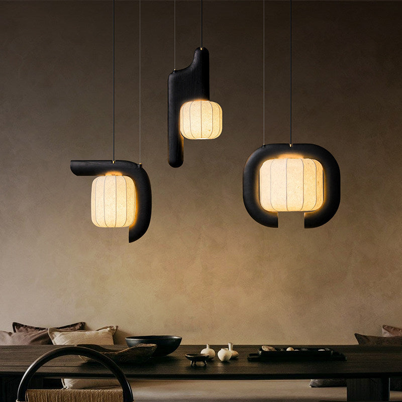 Fluted Paper Pendant Light Curved Black Arm 11 x 24 in Set of 3
