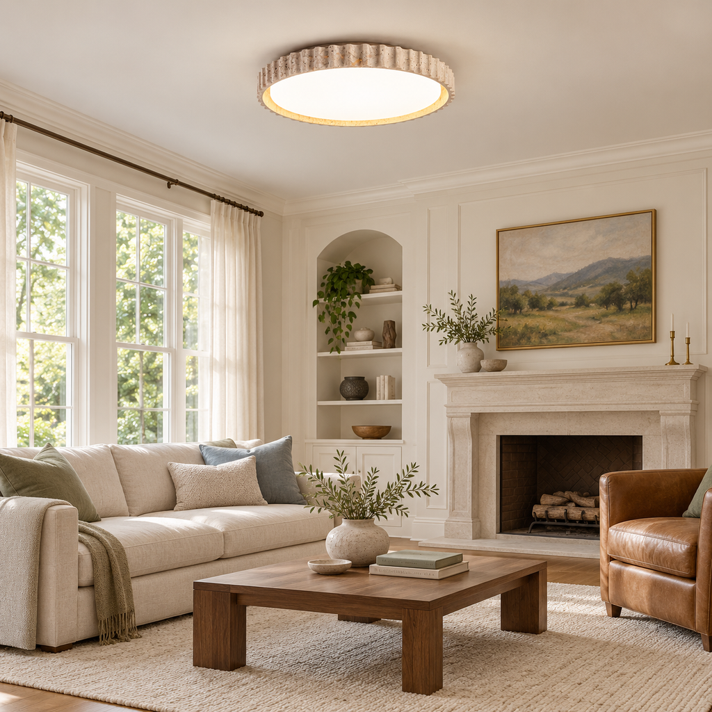 Fluted Travertine Flush Mount Ceiling Light 12.6 in