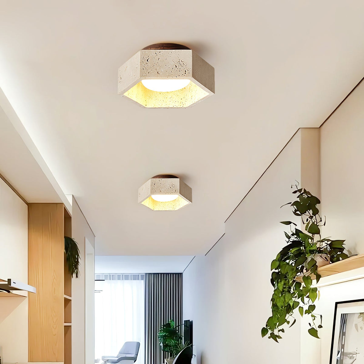 Hexagon Travertine Flush Mount Ceiling Light 6.7 in Set of 2