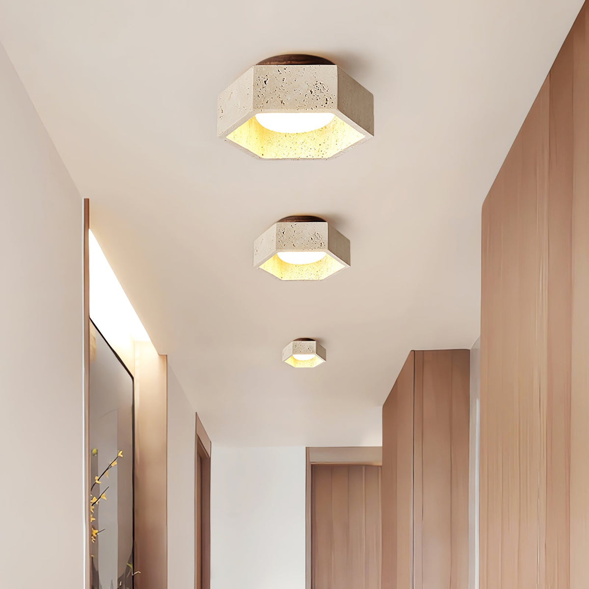Hexagon Travertine Flush Mount Ceiling Light 6.7 in Set of 2