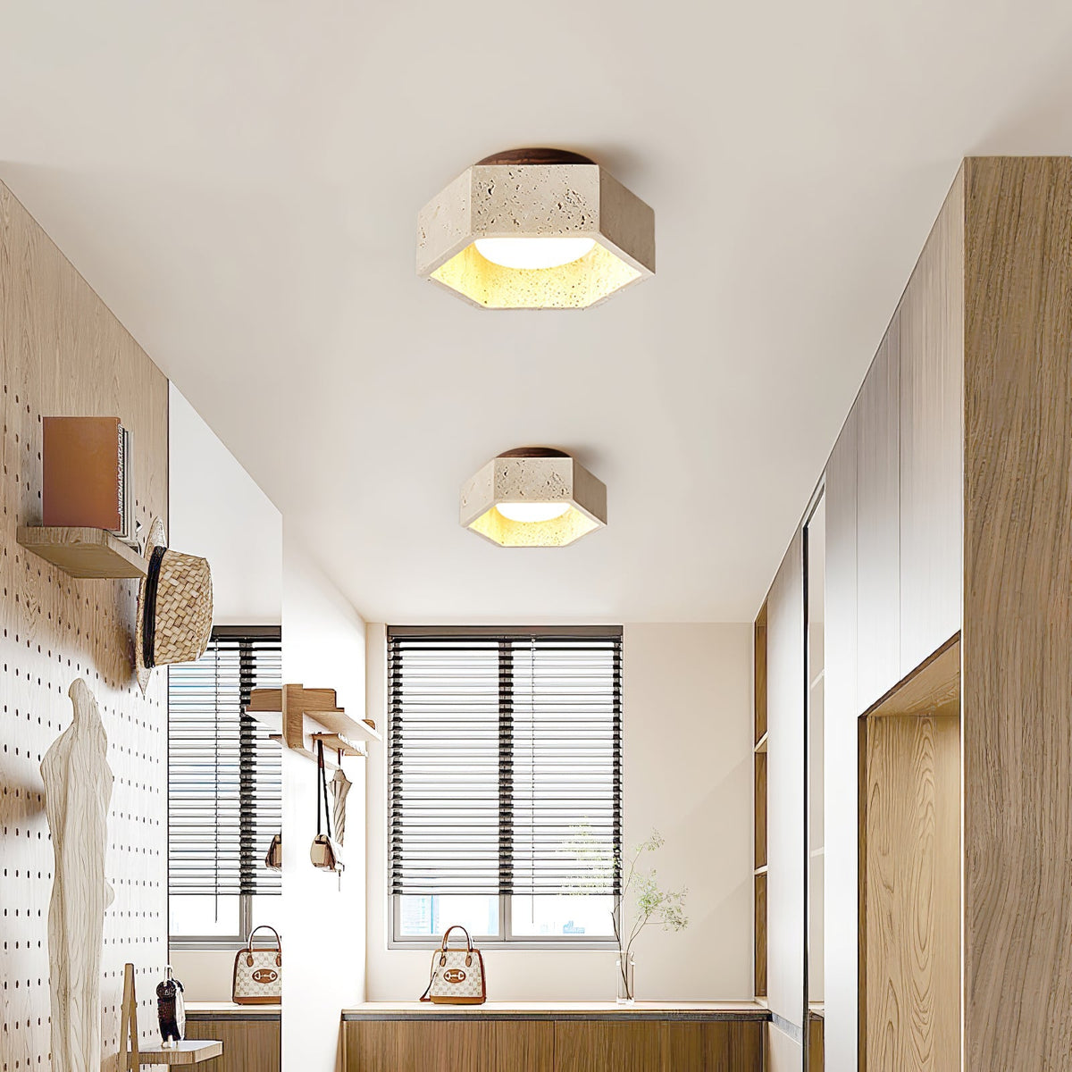 Hexagon Travertine Flush Mount Ceiling Light 6.7 in Set of 2