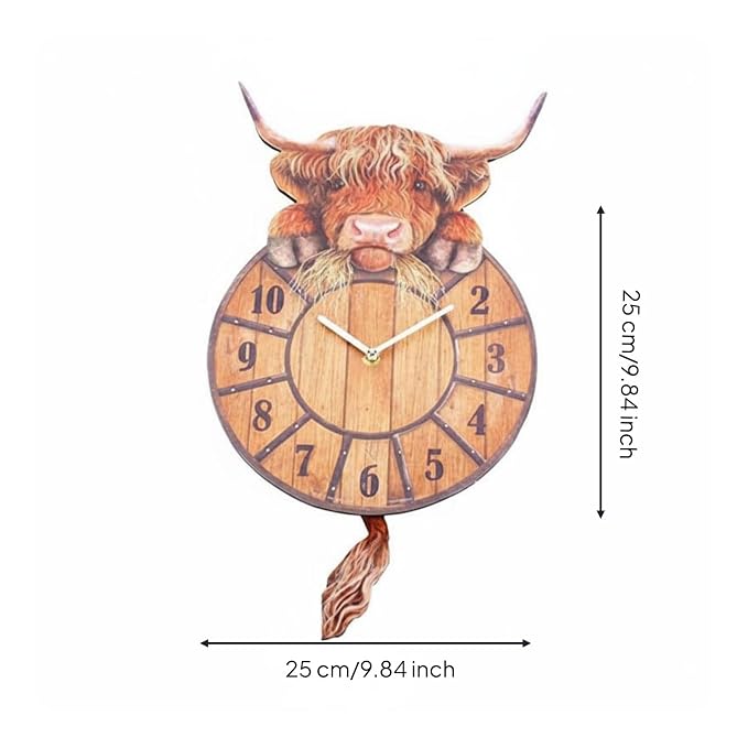 Highland Cow Wall Clock Swinging Tail 9.8 Inch MDF Set of 2